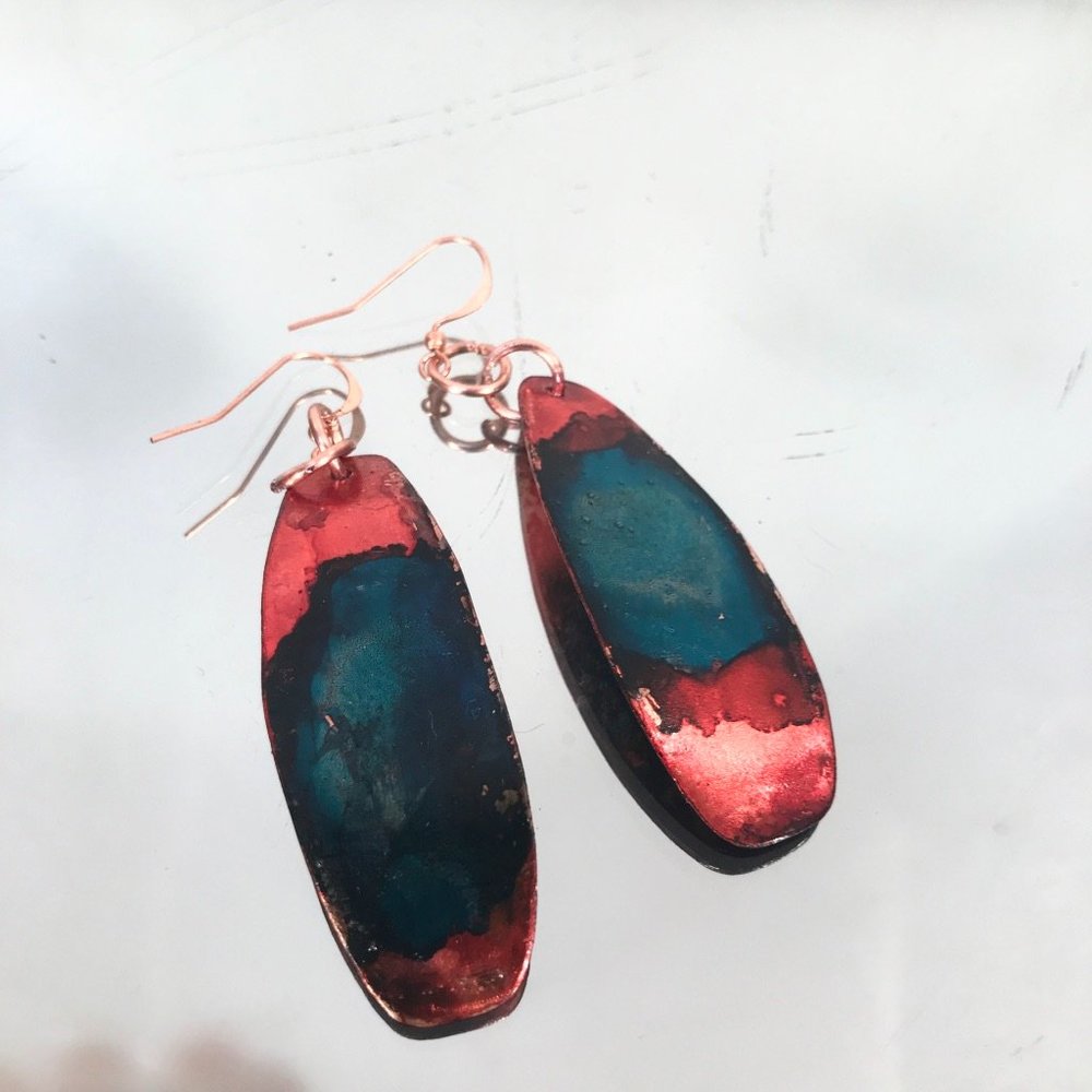 Blue Red Rustic Solid Copper Long Painted Earrings Handmade OOAK Bohemian Hippie - Picture 9 of 11